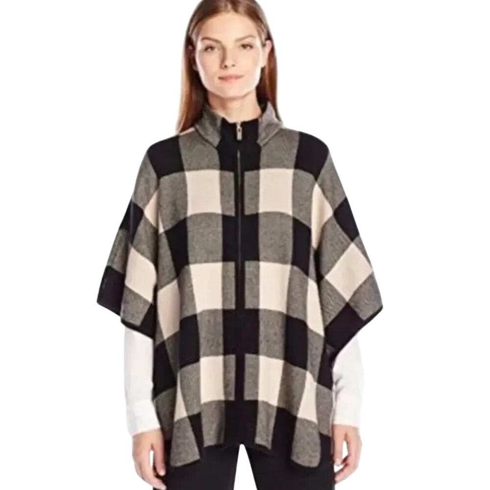 Jones New York Signature Plaid Wool Blend Blue & Tan Poncho Size 0X\1X